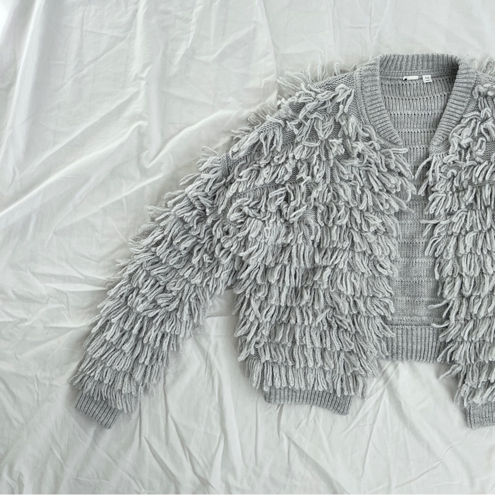 Grey fringe/shag sweater